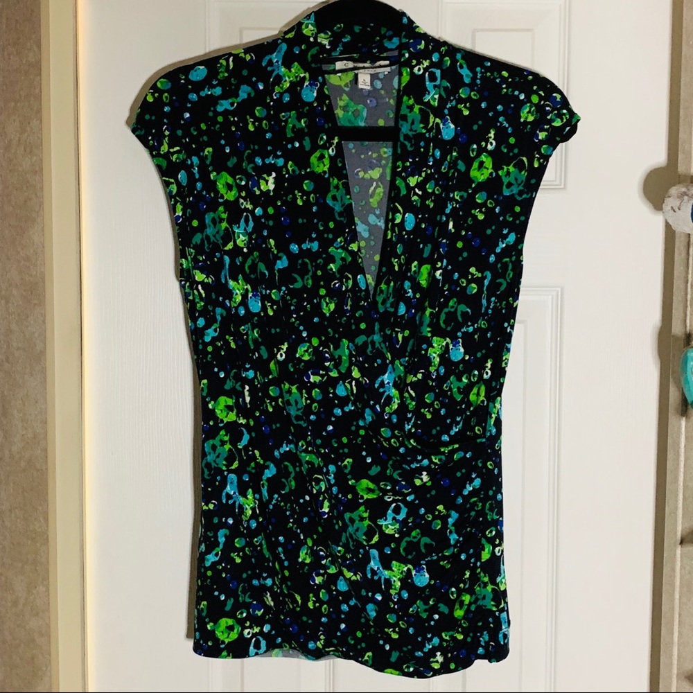 Chaus Black Top with Green and Blue Abstract Print